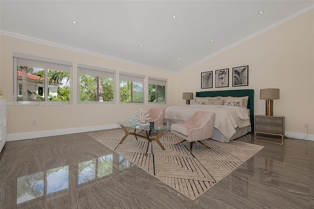 bedroom featuring lofted ceiling and ornamental molding