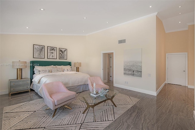 bedroom featuring high vaulted ceiling, ornamental molding, and dark hardwood / wood-style flooring