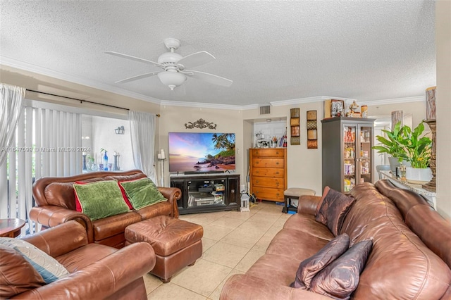 living area with light tile patterned floors, visible vents, ornamental molding, a ceiling fan, and a textured ceiling