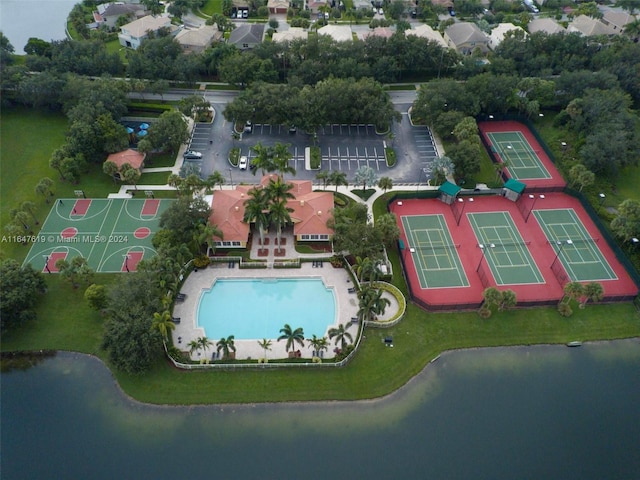 bird's eye view with a water view