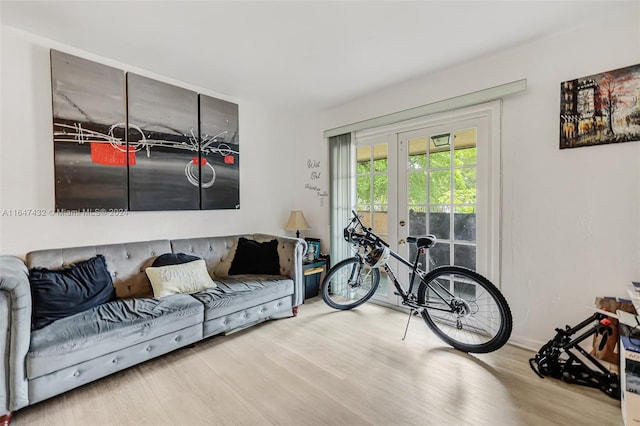 living room with light wood-type flooring and french doors