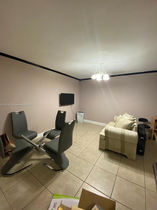 living room featuring light tile patterned floors and a notable chandelier