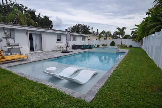 view of pool featuring an in ground hot tub, a lawn, an outdoor living space, a patio, and a grill