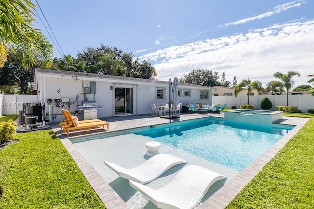 view of pool featuring an in ground hot tub and a patio