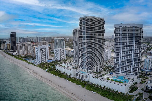 view of city with a water view and a view of the beach