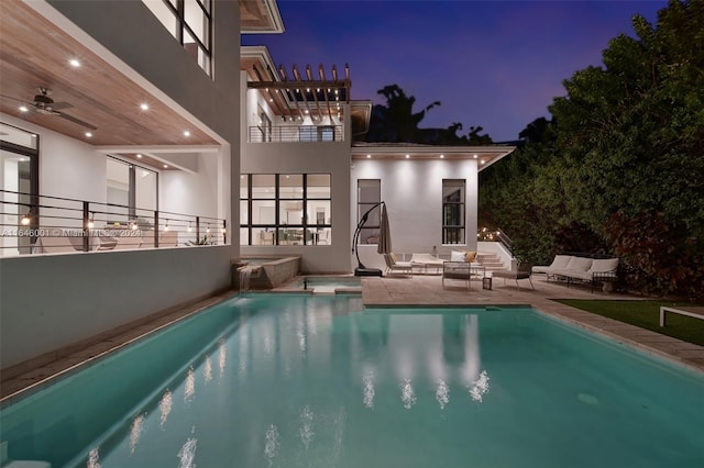 view of swimming pool with a pergola, a patio, and ceiling fan