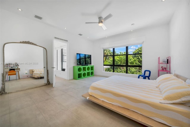 tiled bedroom with recessed lighting, visible vents, and ceiling fan