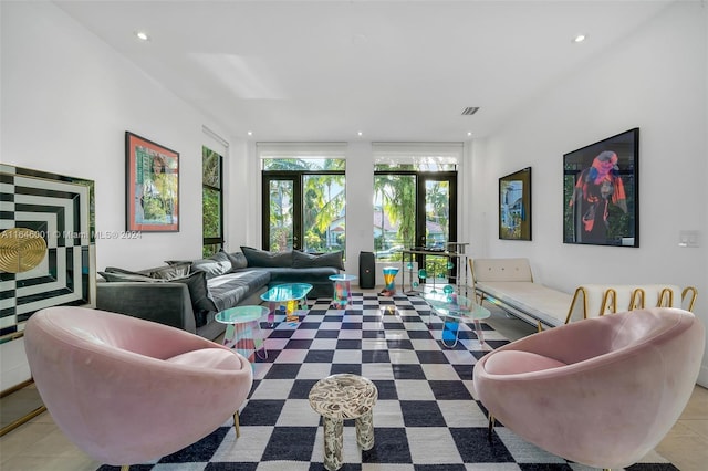 living room featuring light tile patterned floors