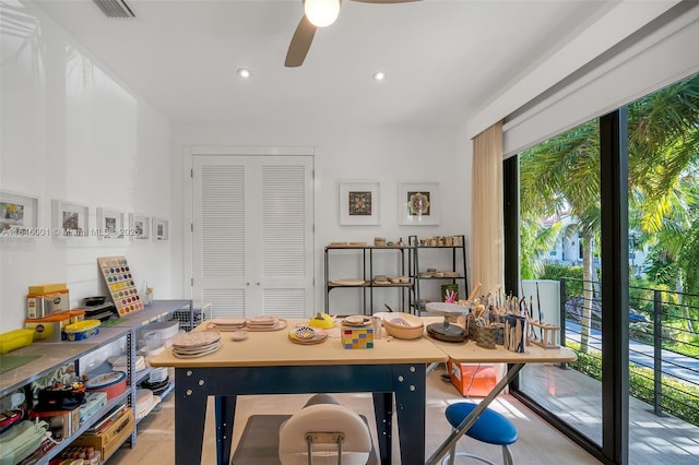 dining room featuring recessed lighting, a ceiling fan, and visible vents