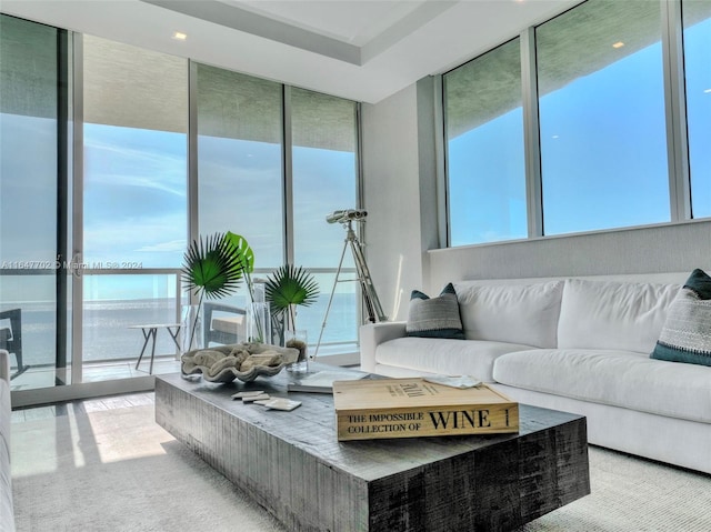 carpeted living room featuring floor to ceiling windows and a water view