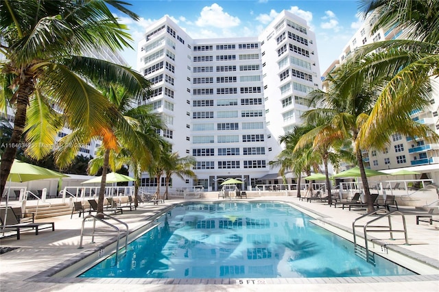 view of pool featuring a patio area and fence