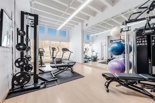 gym with hardwood / wood-style floors