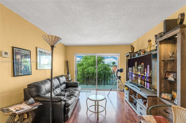 living room with a textured ceiling and hardwood / wood-style flooring