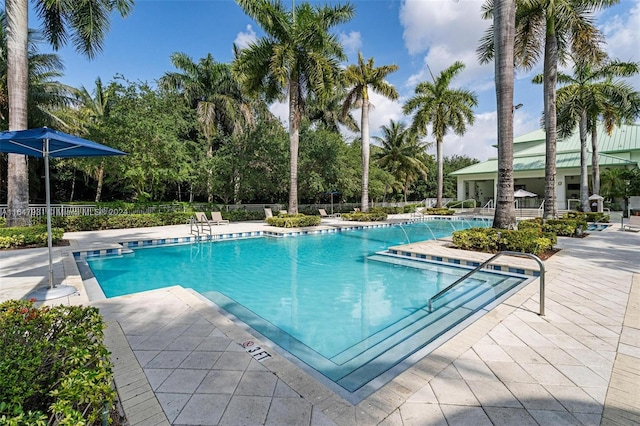 view of swimming pool featuring a patio area