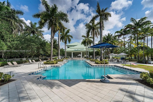 view of swimming pool featuring a patio area