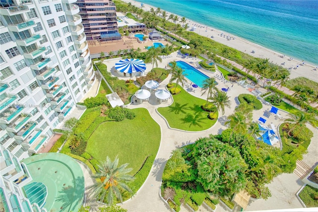 aerial view featuring a beach view and a water view