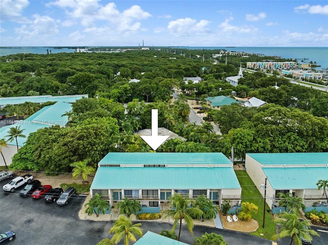 drone / aerial view featuring a water view