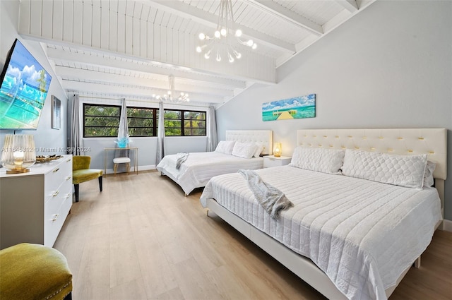 bedroom with vaulted ceiling with beams, light wood-type flooring, and an inviting chandelier