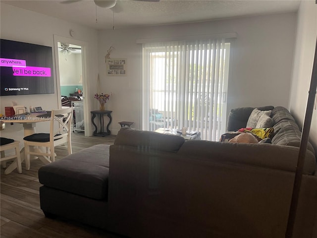 living room featuring wood-type flooring and ceiling fan