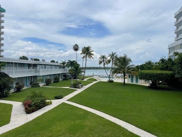 view of property's community featuring a water view and a lawn