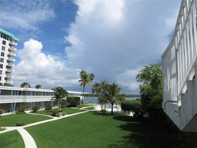 view of property's community with a yard and a water view