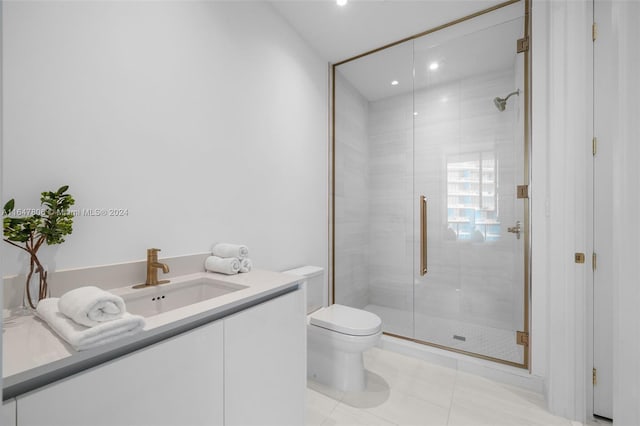 bathroom with recessed lighting, toilet, vanity, a shower stall, and tile patterned floors