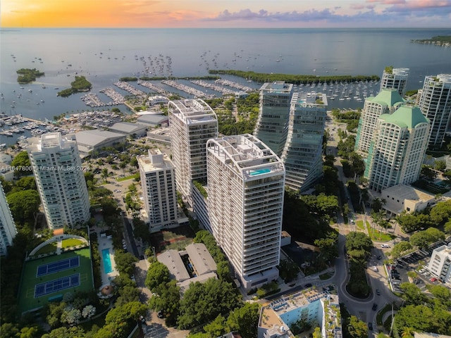 bird's eye view featuring a water view and a city view