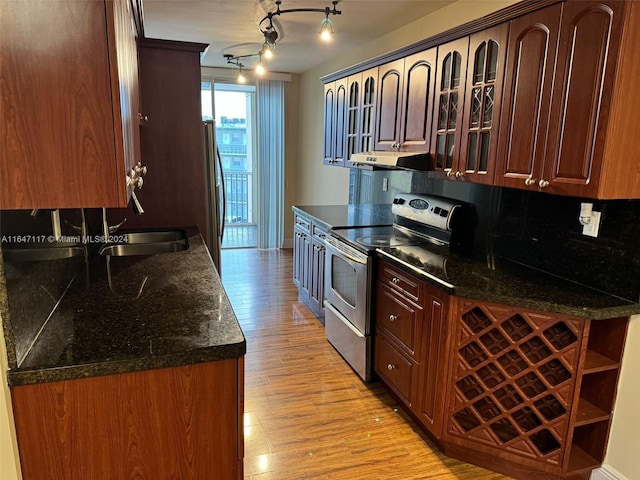 kitchen featuring sink, tasteful backsplash, stainless steel appliances, dark stone countertops, and light hardwood / wood-style floors