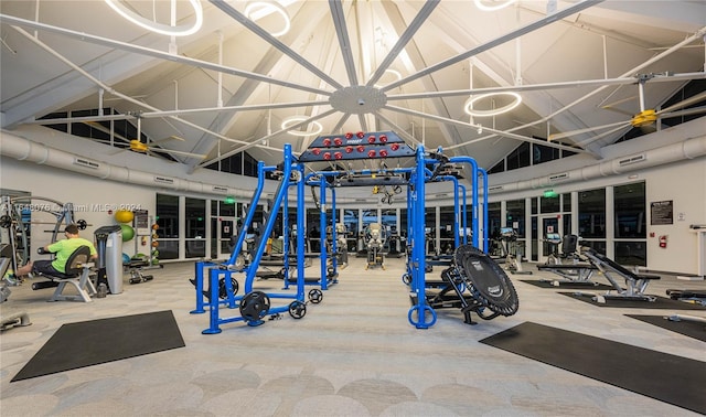 600 Three Islands Blvd Unit 1501, Hallandale Beach, FL 33009 - exercise room featuring high vaulted ceiling and carpet flooring