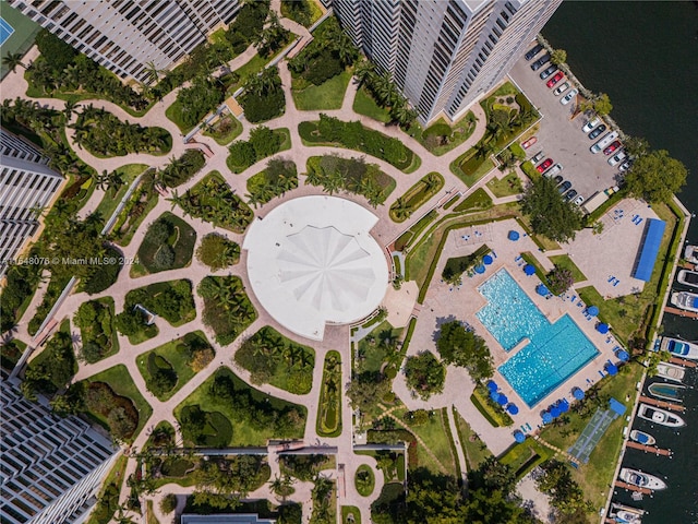 drone / aerial view with a water view