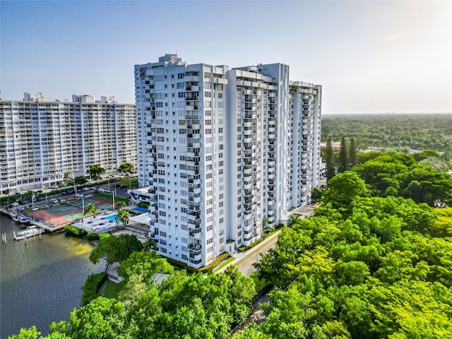 view of building exterior with a water view