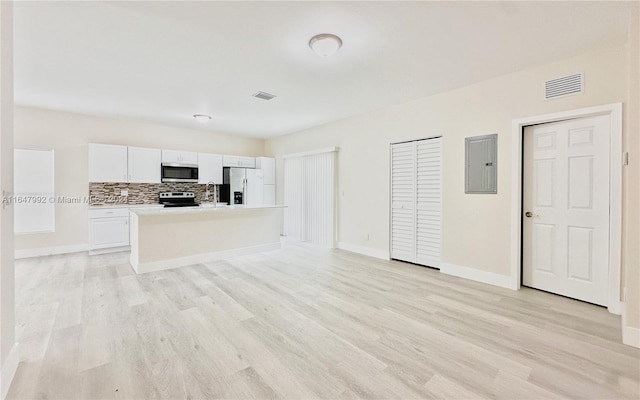 kitchen featuring white cabinets, electric panel, tasteful backsplash, light hardwood / wood-style flooring, and stainless steel appliances