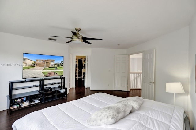 bedroom featuring dark wood-type flooring, a walk in closet, ceiling fan, and a closet