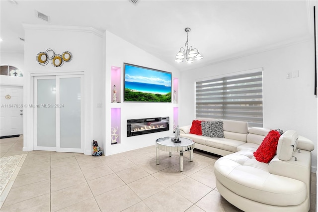 tiled living room with lofted ceiling, a notable chandelier, and ornamental molding