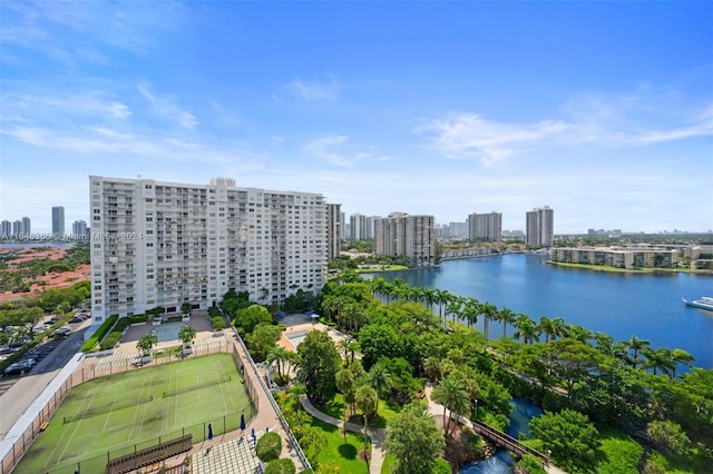 birds eye view of property featuring a water view