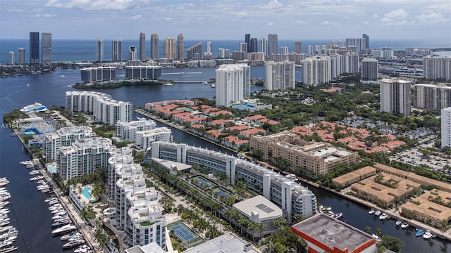 drone / aerial view with a water view and a city view