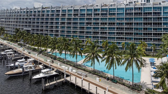 view of building exterior with a water view