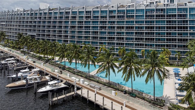 property view of water with a dock