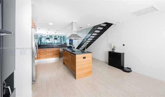 kitchen featuring a center island, sink, light wood-type flooring, appliances with stainless steel finishes, and island range hood