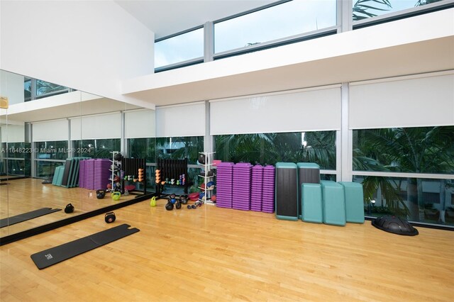 exercise room featuring a towering ceiling and light hardwood / wood-style flooring