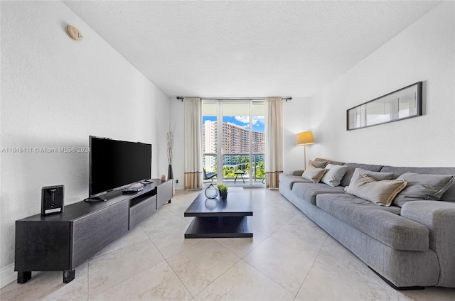 living room featuring a textured ceiling