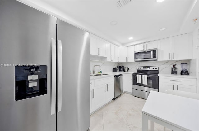 kitchen with backsplash, white cabinetry, sink, and appliances with stainless steel finishes