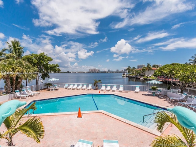 view of swimming pool with a water view and a patio