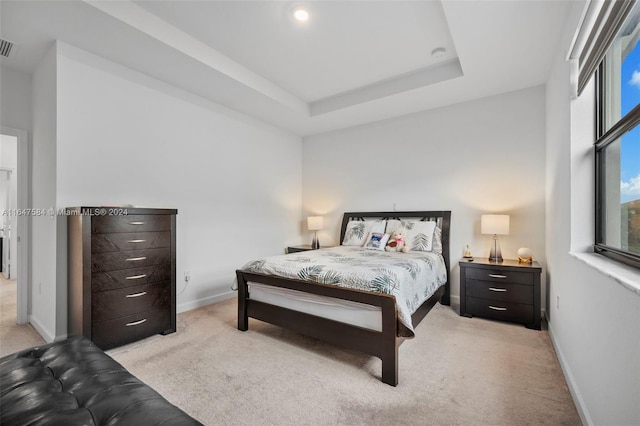 carpeted bedroom with a tray ceiling