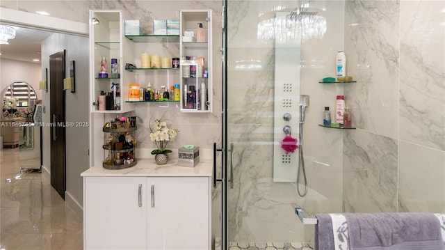 8886 NW 187th St, Miami, FL 33018 - full bathroom with marble finish floor, a marble finish shower, and a notable chandelier