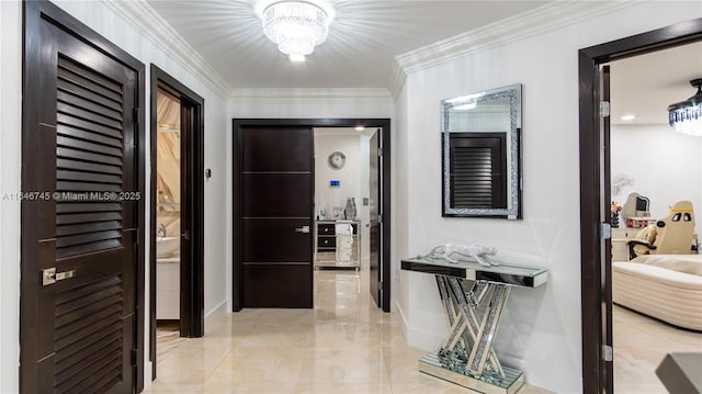 8886 NW 187th St, Miami, FL 33018 - corridor featuring ornamental molding, baseboards, and an inviting chandelier