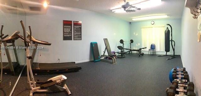 workout area featuring ceiling fan