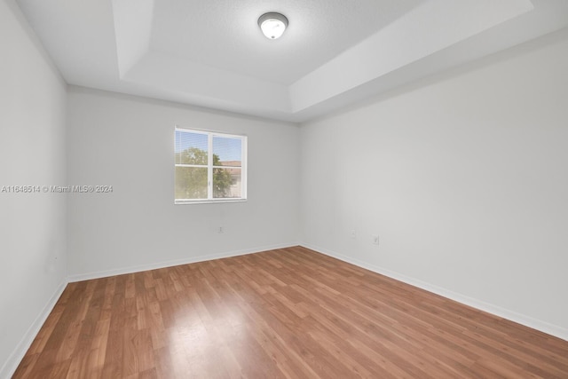 empty room with hardwood / wood-style flooring and a tray ceiling