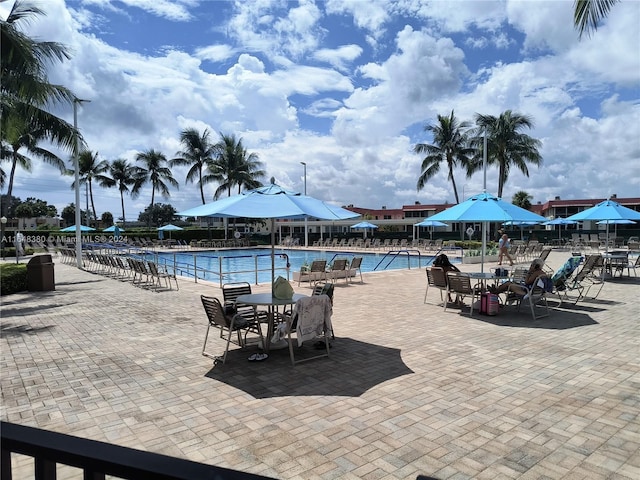 view of swimming pool with a patio