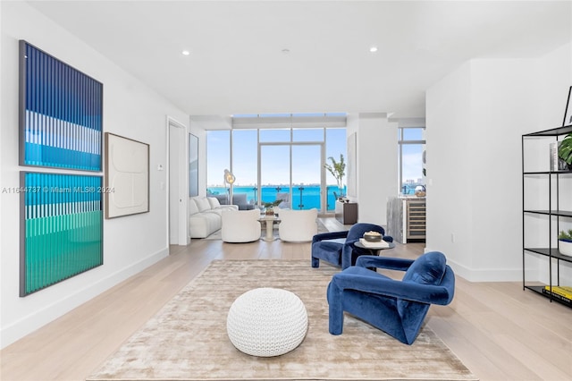 living room with light hardwood / wood-style flooring and a water view